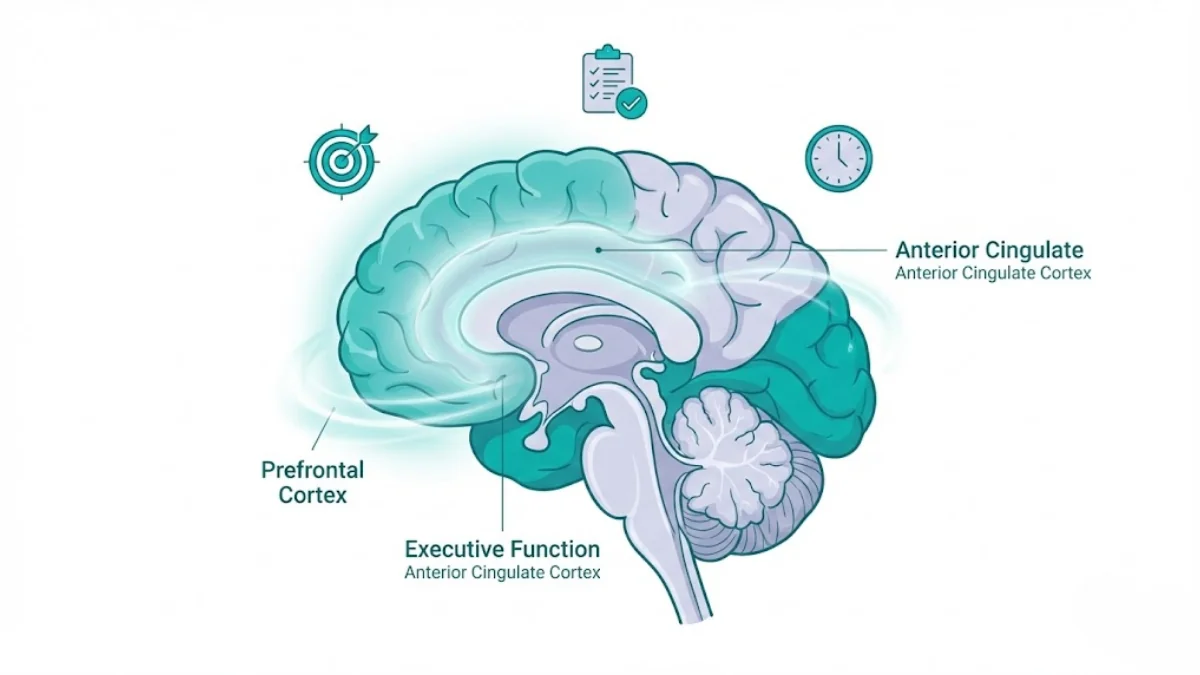 Scientific illustration of brain regions involved in attention and executive function