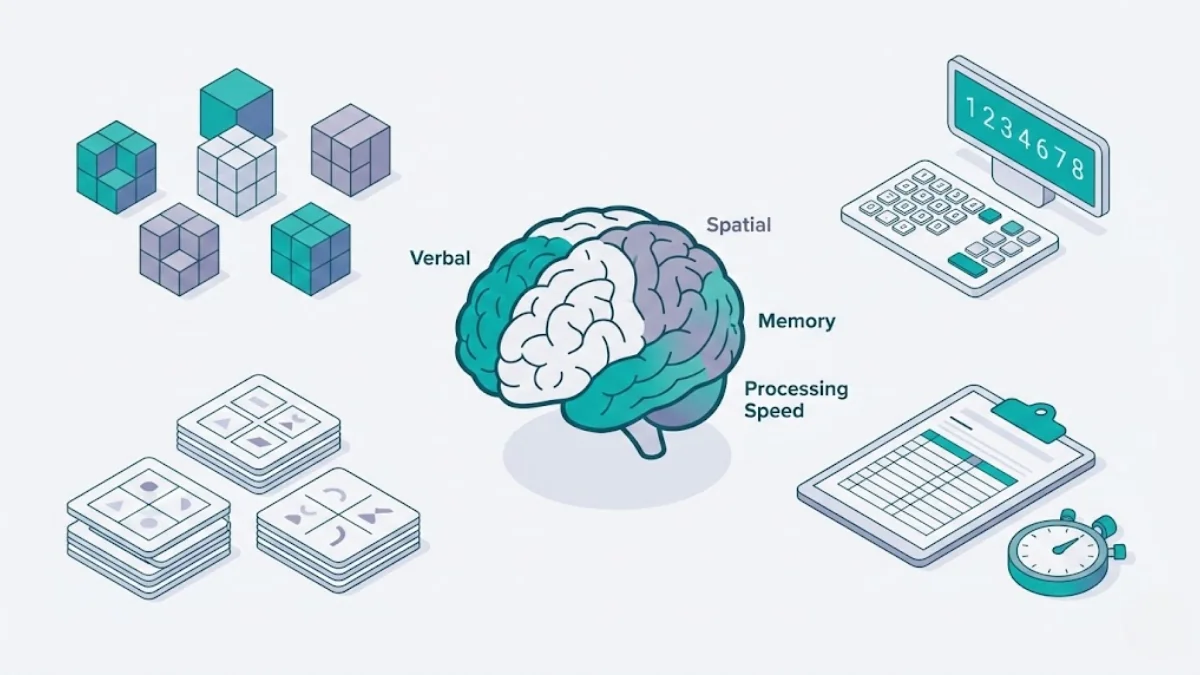 Scientific illustration of IQ testing materials and cognitive assessment tools
